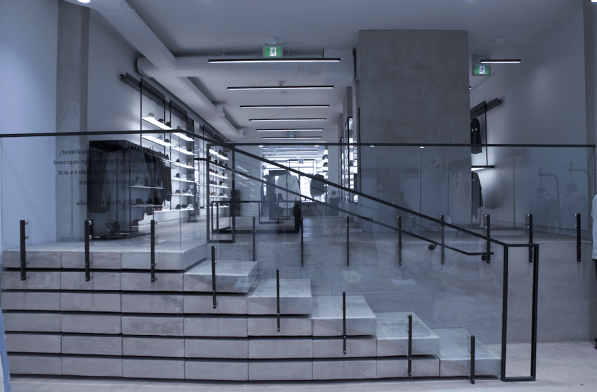 Custom metal stair railing in a commercial stairwell